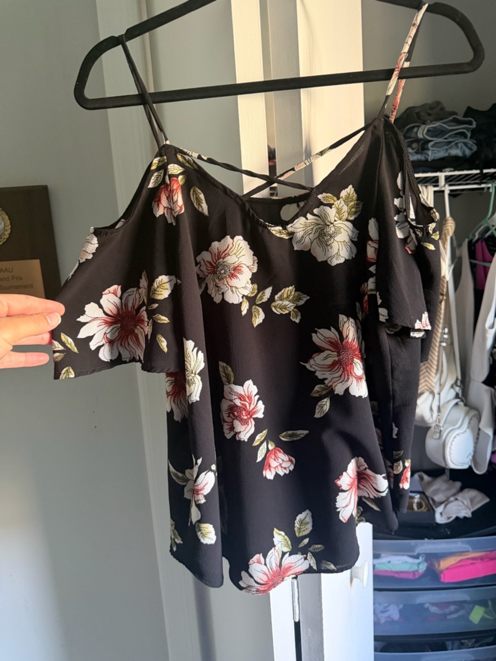 Kaileigh Black Floral Off-Shoulder Spaghetti Strap Tunic